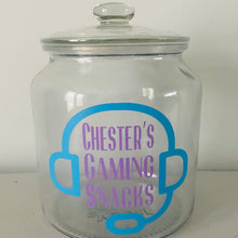 Load image into Gallery viewer, personalised gaming snack jar with lid, headphone image with name's gaming snacks on the front