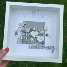 Load image into Gallery viewer, personalised silver wedding frame with couples names on a silver branch and year of their wedding day