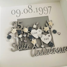 Load image into Gallery viewer, personalised silver wedding frame with couples names on a silver branch and year of their wedding day