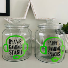 Load image into Gallery viewer, personalised gaming snack jar with lid, headphone image with name's gaming snacks on the front