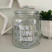 Load image into Gallery viewer, personalised gaming snack jar with lid, headphone image with name's gaming snacks on the front