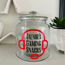 Load image into Gallery viewer, personalised gaming snack jar with lid, headphone image with name's gaming snacks on the front