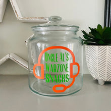 Load image into Gallery viewer, personalised gaming snack jar with lid, headphone image with name's gaming snacks on the front
