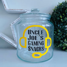 Load image into Gallery viewer, personalised gaming snack jar with lid, headphone image with name's gaming snacks on the front