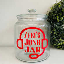 Load image into Gallery viewer, personalised gaming snack jar with lid, headphone image with name's gaming snacks on the front