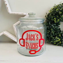 Load image into Gallery viewer, personalised gaming snack jar with lid, headphone image with name's gaming snacks on the front