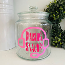 Load image into Gallery viewer, personalised gaming snack jar with lid, headphone image with name's gaming snacks on the front