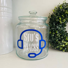 Load image into Gallery viewer, personalised gaming snack jar with lid, headphone image with name's gaming snacks on the front