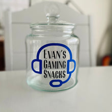 Load image into Gallery viewer, personalised gaming snack jar with lid, headphone image with name's gaming snacks on the front