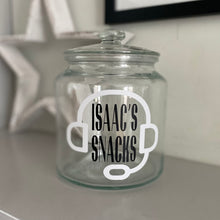 Load image into Gallery viewer, personalised gaming snack jar with lid, headphone image with name's gaming snacks on the front