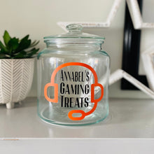 Load image into Gallery viewer, personalised gaming snack jar with lid, headphone image with name's gaming snacks on the front