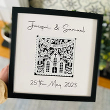 Load image into Gallery viewer, papercut wedding image in a box frame with bride and grooms names and date of wedding