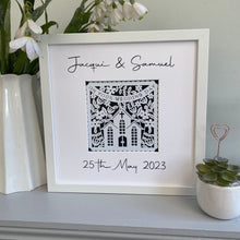 Load image into Gallery viewer, papercut wedding image in a box frame with bride and grooms names and date of wedding