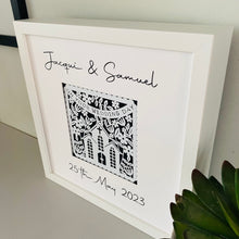 Load image into Gallery viewer, papercut wedding image in a box frame with bride and grooms names and date of wedding