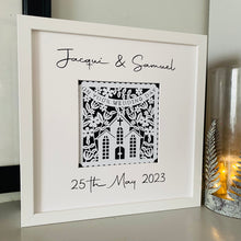 Load image into Gallery viewer, papercut wedding image in a box frame with bride and grooms names and date of wedding