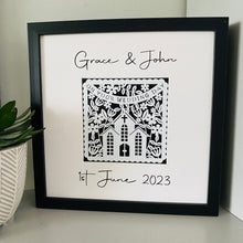 Load image into Gallery viewer, papercut wedding image in a box frame with bride and grooms names and date of wedding