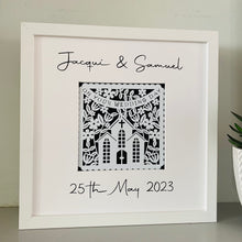 Load image into Gallery viewer, papercut wedding image in a box frame with bride and grooms names and date of wedding