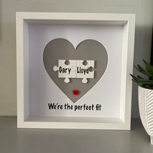 Load image into Gallery viewer, box framed personalised gift with 2 jigsaw pieces with names on we're the perfect fit underneath
