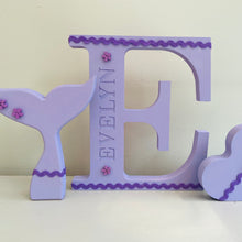 Load image into Gallery viewer, lilac engraved name initial with mermaids tail and heart characters
