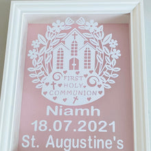Load image into Gallery viewer, personalised first holy communion framed gift with choice of background colour
