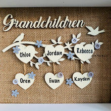 Load image into Gallery viewer, framed family tree gift with the word grandchildren and names on hearts