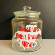 Load image into Gallery viewer, glass jar with horse image personalised racing fund jar