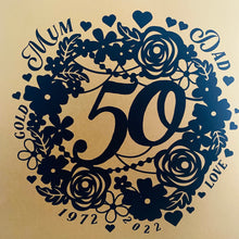 Load image into Gallery viewer, black floral wreath image with 50 in the middle and a gold background with wedding anniversary details around the wreath in black frame