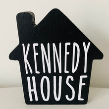 Load image into Gallery viewer, freestanding wooden house halloween decoration with haunted house text on front
