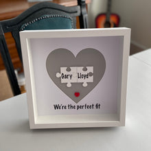 Load image into Gallery viewer, box framed personalised gift with 2 jigsaw pieces with names on we're the perfect fit underneath