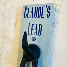Load image into Gallery viewer, personalised wooden dog lead plaque with black dog tail hook