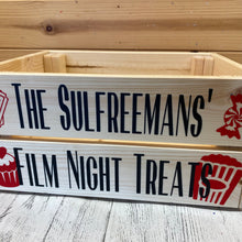 Load image into Gallery viewer, natural wooden crate personalised with your choice of text with popcorn sweet cupcake and ticket image