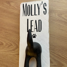 Load image into Gallery viewer, personalised wooden dog lead plaque with black dog tail hook