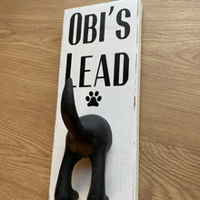Load image into Gallery viewer, personalised wooden dog lead plaque with black dog tail hook