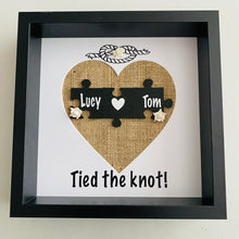 Load image into Gallery viewer, framed wedding gift with names on jigsaw pieces cream roses and tied the knot text