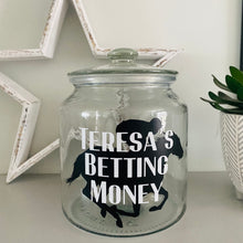 Load image into Gallery viewer, glass jar with horse image personalised racing fund jar