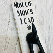 Load image into Gallery viewer, personalised wooden dog lead plaque with black dog tail hook