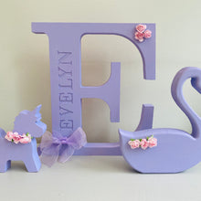 Load image into Gallery viewer, Lilac name engraved initial with unicorn and swan characters