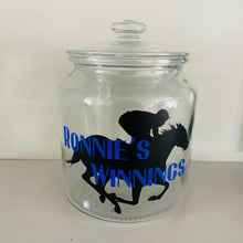 Load image into Gallery viewer, glass jar with horse image personalised racing fund jar