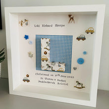 Load image into Gallery viewer, Decoupaged initial in frame with gingham blue background, personalised christening gift
