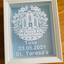 Load image into Gallery viewer, personalised first holy communion framed gift with choice of background colour