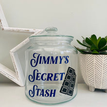 Load image into Gallery viewer, personalised glass treat jar with your choice of text and sweet or chocolate image