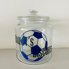 Load image into Gallery viewer, glass snack jar with football image and personalised text