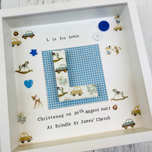 Load image into Gallery viewer, Decoupaged initial in frame with gingham blue background, personalised christening gift