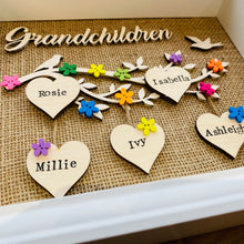 Load image into Gallery viewer, framed family tree gift with the word grandchildren and names on hearts