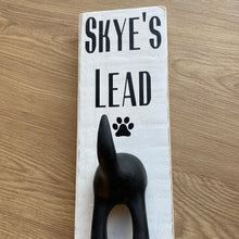 Load image into Gallery viewer, personalised wooden dog lead plaque with black dog tail hook