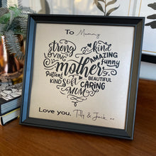 Load image into Gallery viewer, personalised mum word art heart in black square frame