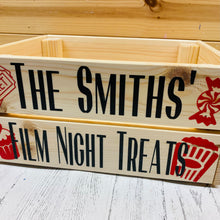 Load image into Gallery viewer, natural wooden crate personalised with your choice of text with popcorn sweet cupcake and ticket image