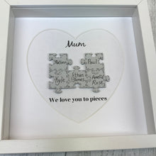Load image into Gallery viewer, box frame with names on jigsaw pieces and daddy/mummy we love you to pieces