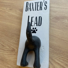 Load image into Gallery viewer, personalised wooden dog lead plaque with black dog tail hook