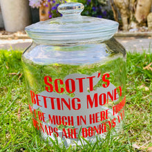 Load image into Gallery viewer, glass jar with horse image personalised racing fund jar